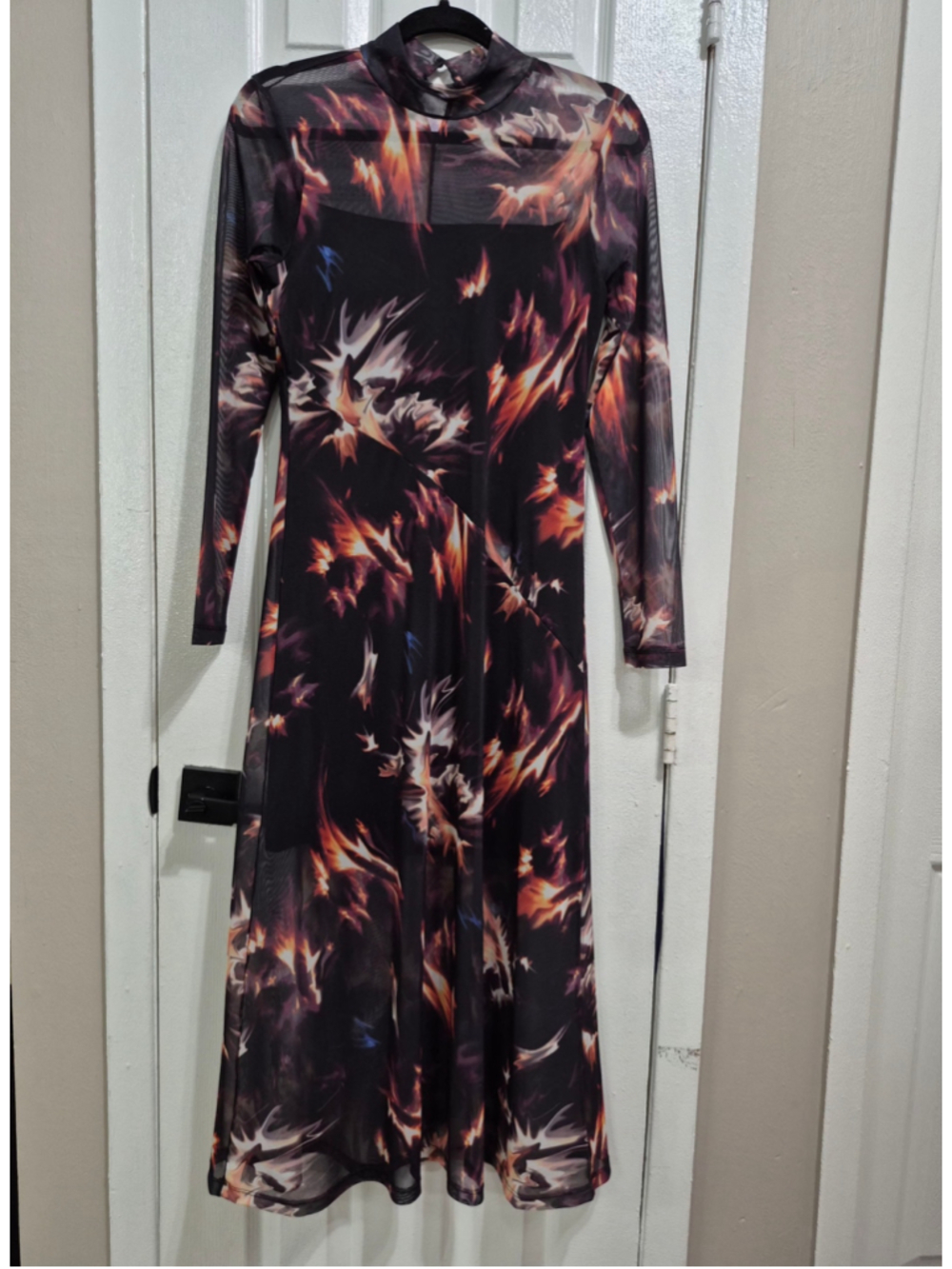 Women's All Saints Mesh Maxi Dress Size 6 Black Orange Flame Print
